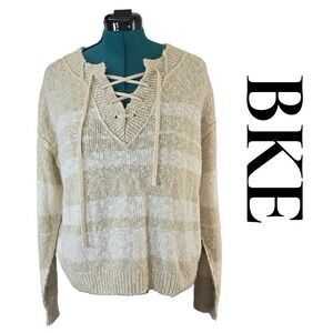 BKE Lace Up Sweater Women Medium Beige Cream Striped Acrylic Boho Coastal MS1026